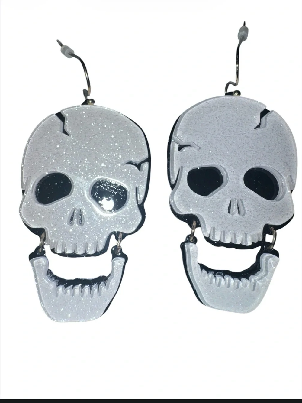 Silver Glitter Skull Dangle Earrings Halloween